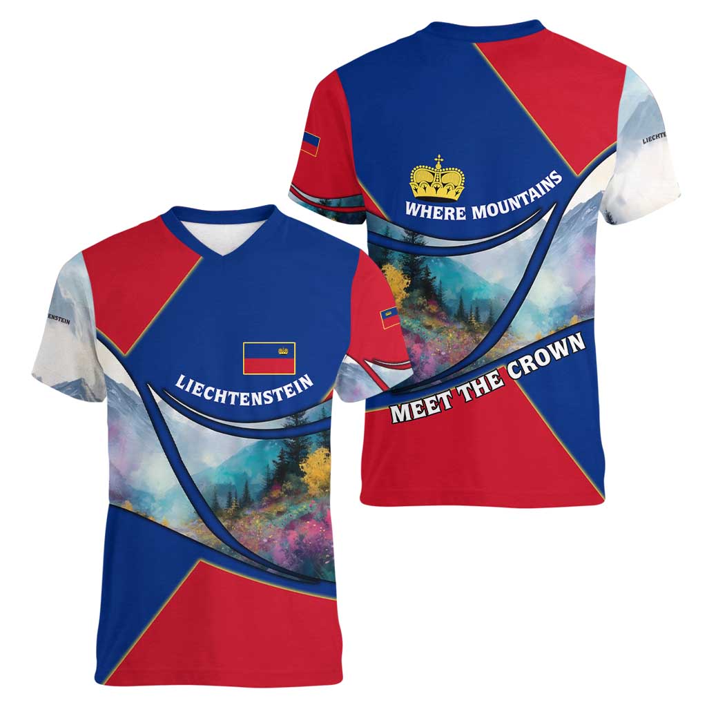 Liechtenstein Women V-Neck T-Shirt with Red Blue Mountain Landscape Design and Crown Emblem - Wonder Print Shop