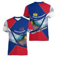 Liechtenstein Women V-Neck T-Shirt with Red Blue Mountain Landscape Design and Crown Emblem - Wonder Print Shop