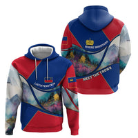 Liechtenstein Zip Hoodie with Red Blue Mountain Landscape Design and Crown Emblem - Wonder Print Shop