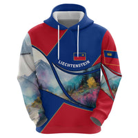 Liechtenstein Zip Hoodie with Red Blue Mountain Landscape Design and Crown Emblem - Wonder Print Shop