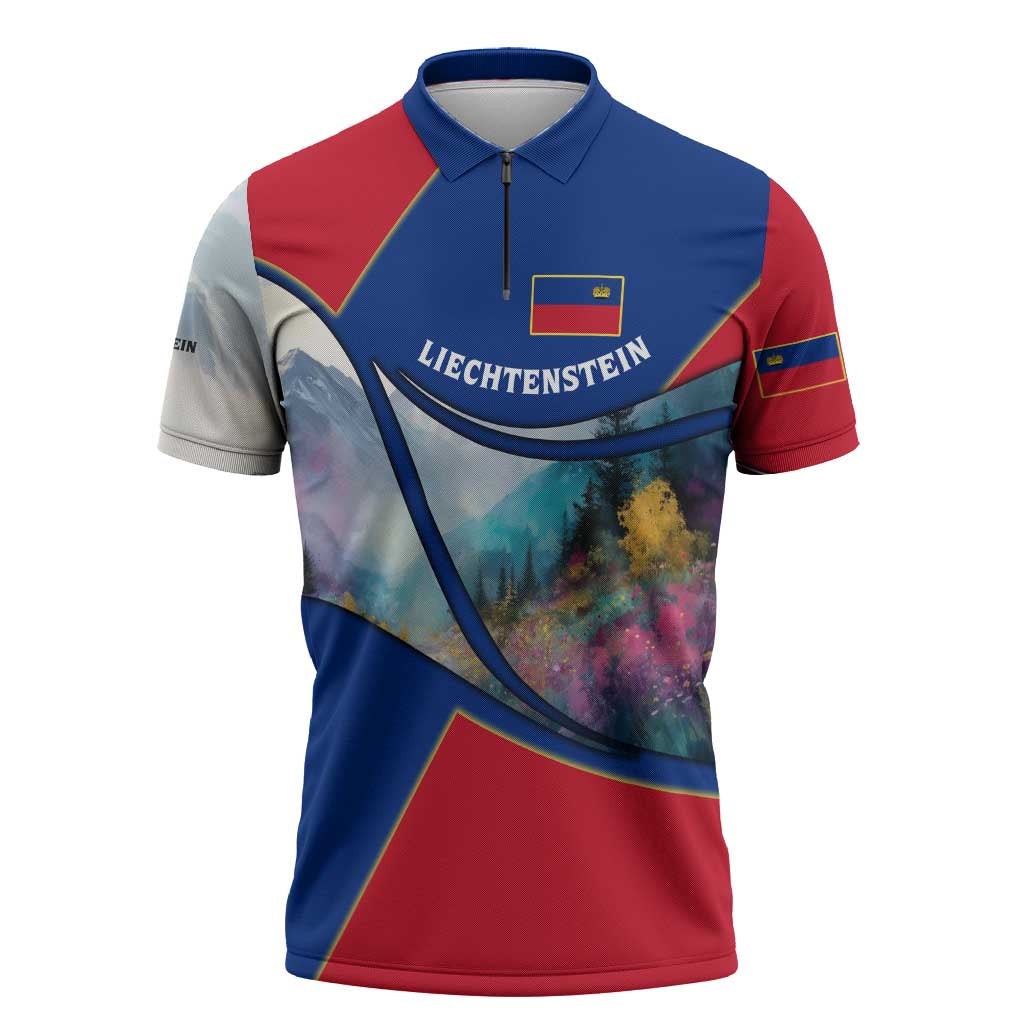 Liechtenstein Zipper Polo Shirt with Red Blue Mountain Landscape Design and Crown Emblem - Wonder Print Shop