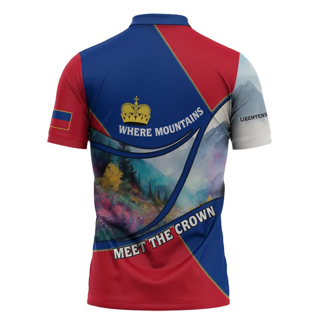 Liechtenstein Zipper Polo Shirt with Red Blue Mountain Landscape Design and Crown Emblem - Wonder Print Shop