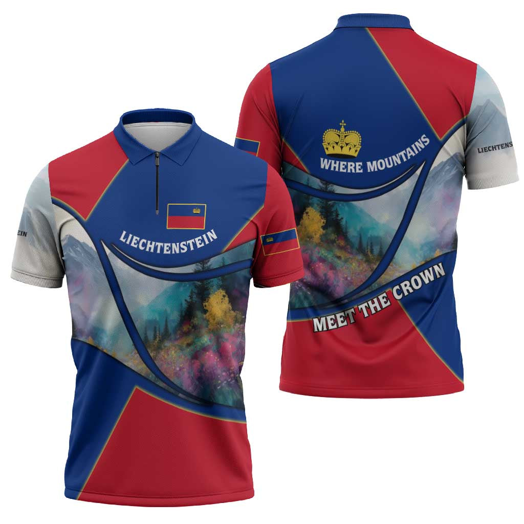 Liechtenstein Zipper Polo Shirt with Red Blue Mountain Landscape Design and Crown Emblem - Wonder Print Shop