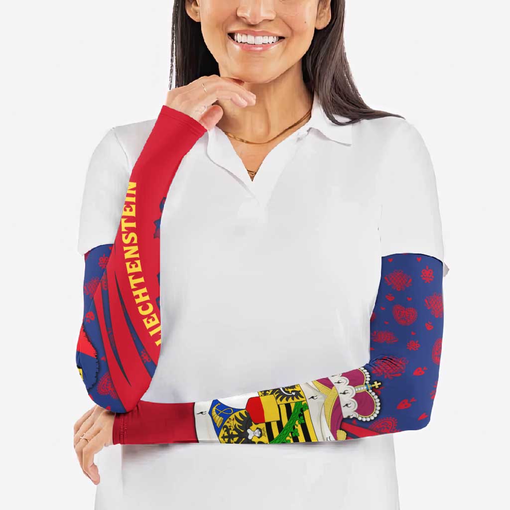 Liechtenstein Arm Sleeves with Red Blue Heart Design and Royal Coat of Arms Pattern - Wonder Print Shop