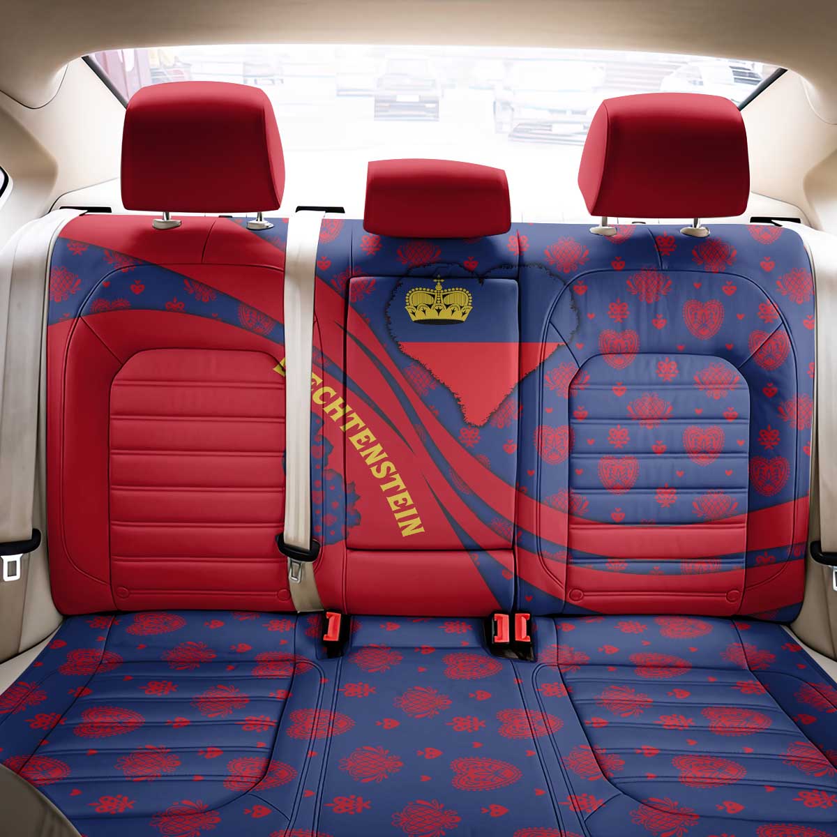 Liechtenstein Back Car Seat Cover with Red Blue Heart Design and Royal Coat of Arms Pattern - Wonder Print Shop