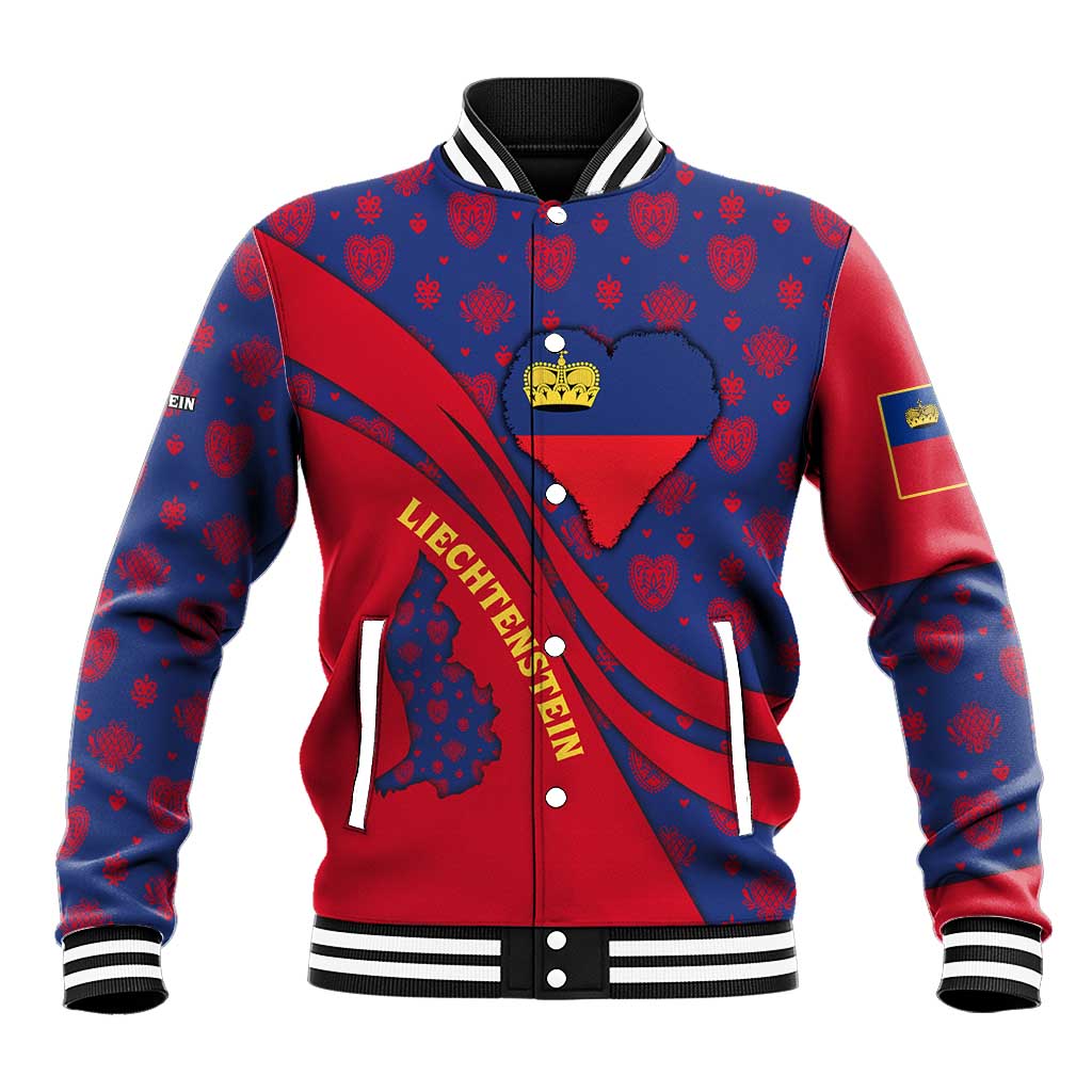 Liechtenstein Baseball Jacket with Red Blue Heart Design and Royal Coat of Arms Pattern - Wonder Print Shop