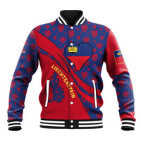 Liechtenstein Baseball Jacket with Red Blue Heart Design and Royal Coat of Arms Pattern - Wonder Print Shop