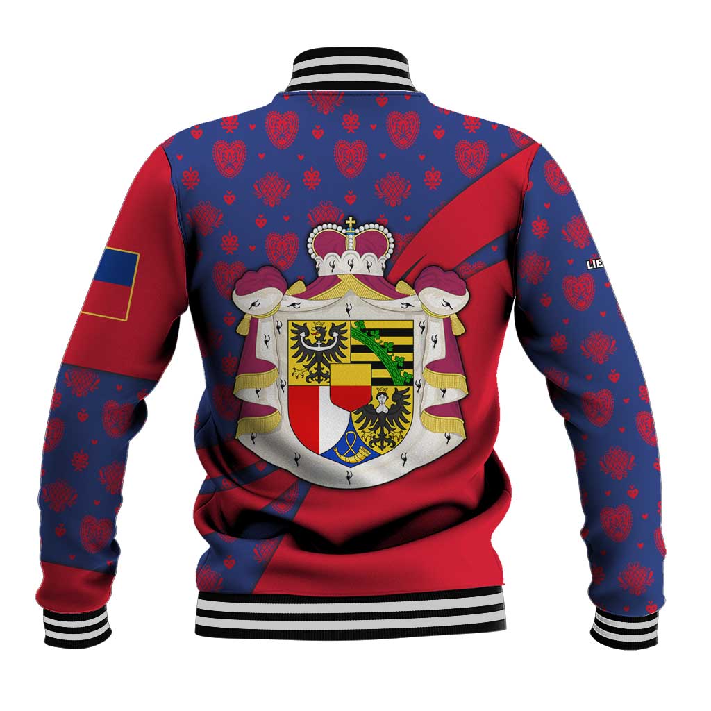 Liechtenstein Baseball Jacket with Red Blue Heart Design and Royal Coat of Arms Pattern - Wonder Print Shop