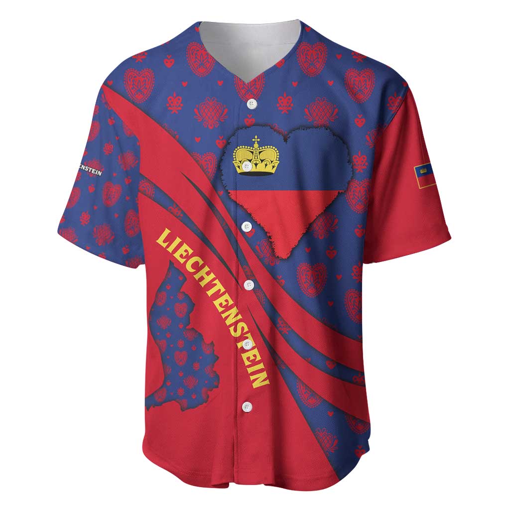 Liechtenstein Baseball Jersey with Red Blue Heart Design and Royal Coat of Arms Pattern - Wonder Print Shop