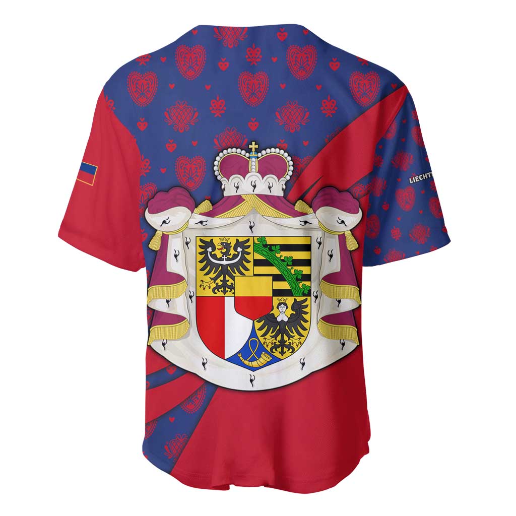 Liechtenstein Baseball Jersey with Red Blue Heart Design and Royal Coat of Arms Pattern - Wonder Print Shop