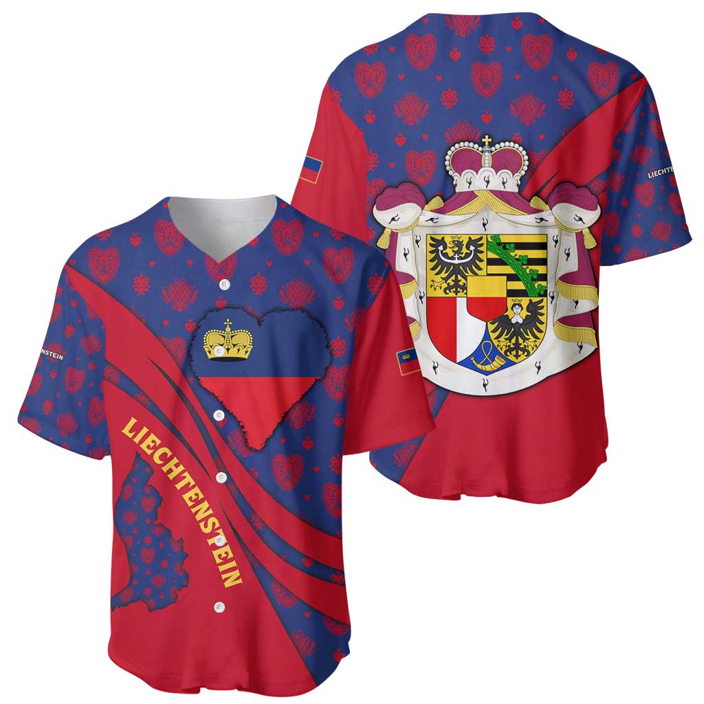 Liechtenstein Baseball Jersey with Red Blue Heart Design and Royal Coat of Arms Pattern - Wonder Print Shop