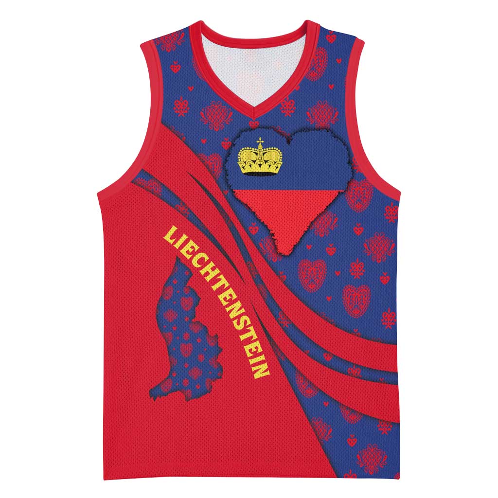 Liechtenstein Basketball Jersey with Red Blue Heart Design and Royal Coat of Arms Pattern - Wonder Print Shop