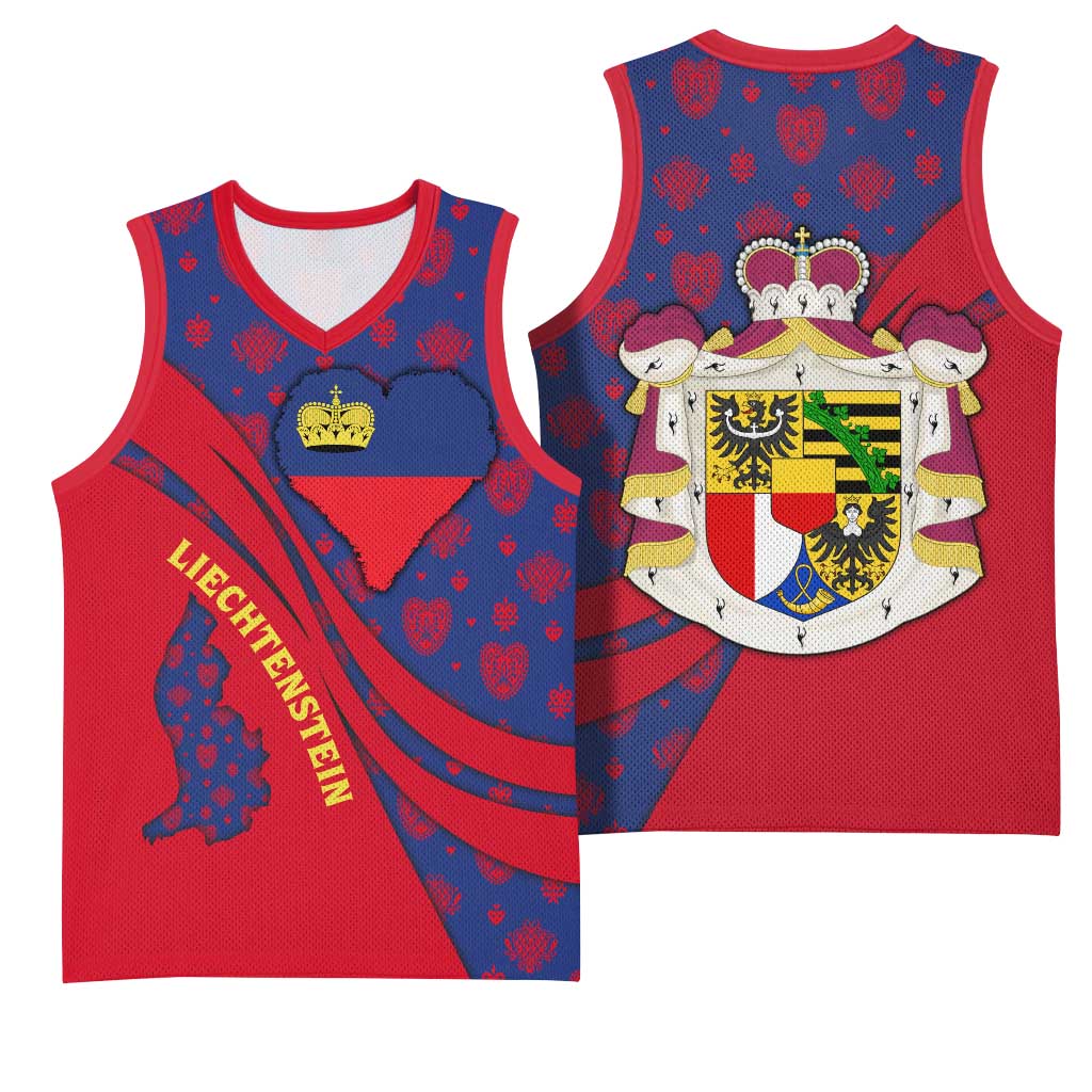 Liechtenstein Basketball Jersey with Red Blue Heart Design and Royal Coat of Arms Pattern - Wonder Print Shop