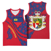 Liechtenstein Basketball Jersey with Red Blue Heart Design and Royal Coat of Arms Pattern - Wonder Print Shop