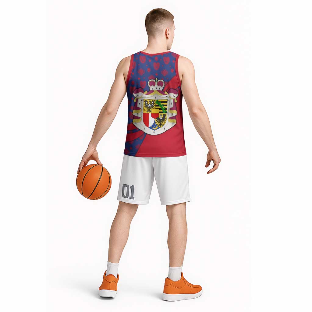Liechtenstein Basketball Jersey with Red Blue Heart Design and Royal Coat of Arms Pattern - Wonder Print Shop