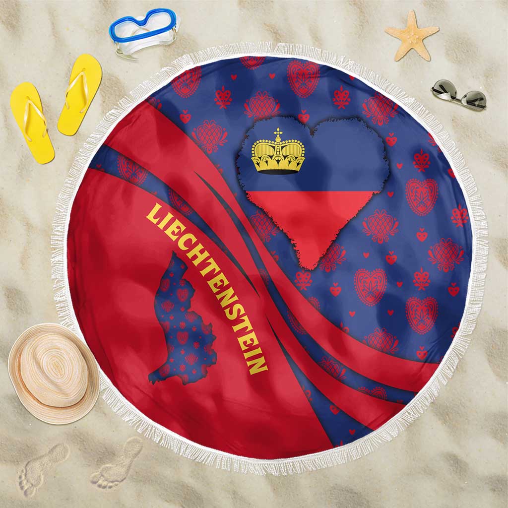 Liechtenstein Beach Blanket with Red Blue Heart Design and Royal Coat of Arms Pattern - Wonder Print Shop