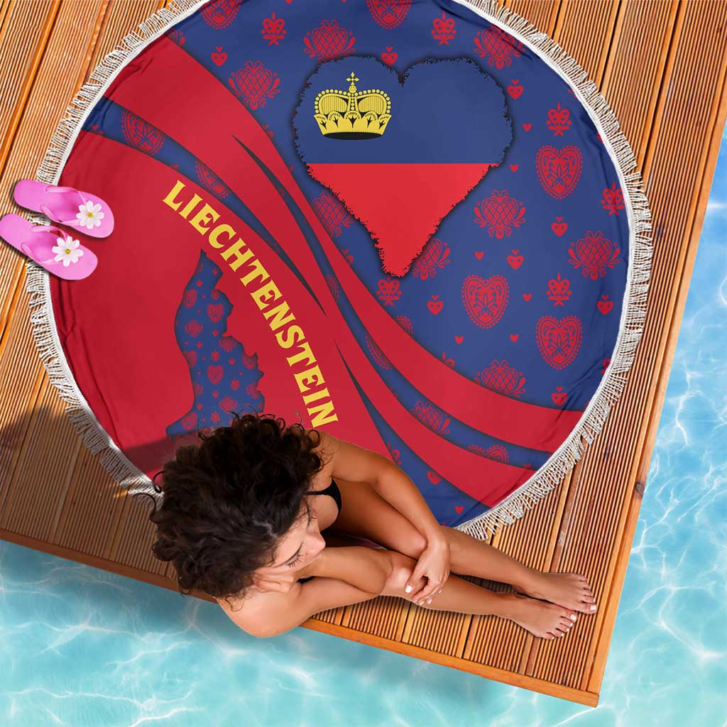 Liechtenstein Beach Blanket with Red Blue Heart Design and Royal Coat of Arms Pattern - Wonder Print Shop
