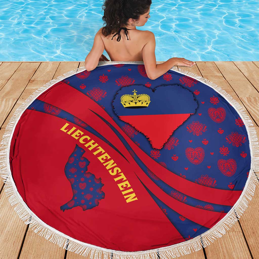 Liechtenstein Beach Blanket with Red Blue Heart Design and Royal Coat of Arms Pattern - Wonder Print Shop