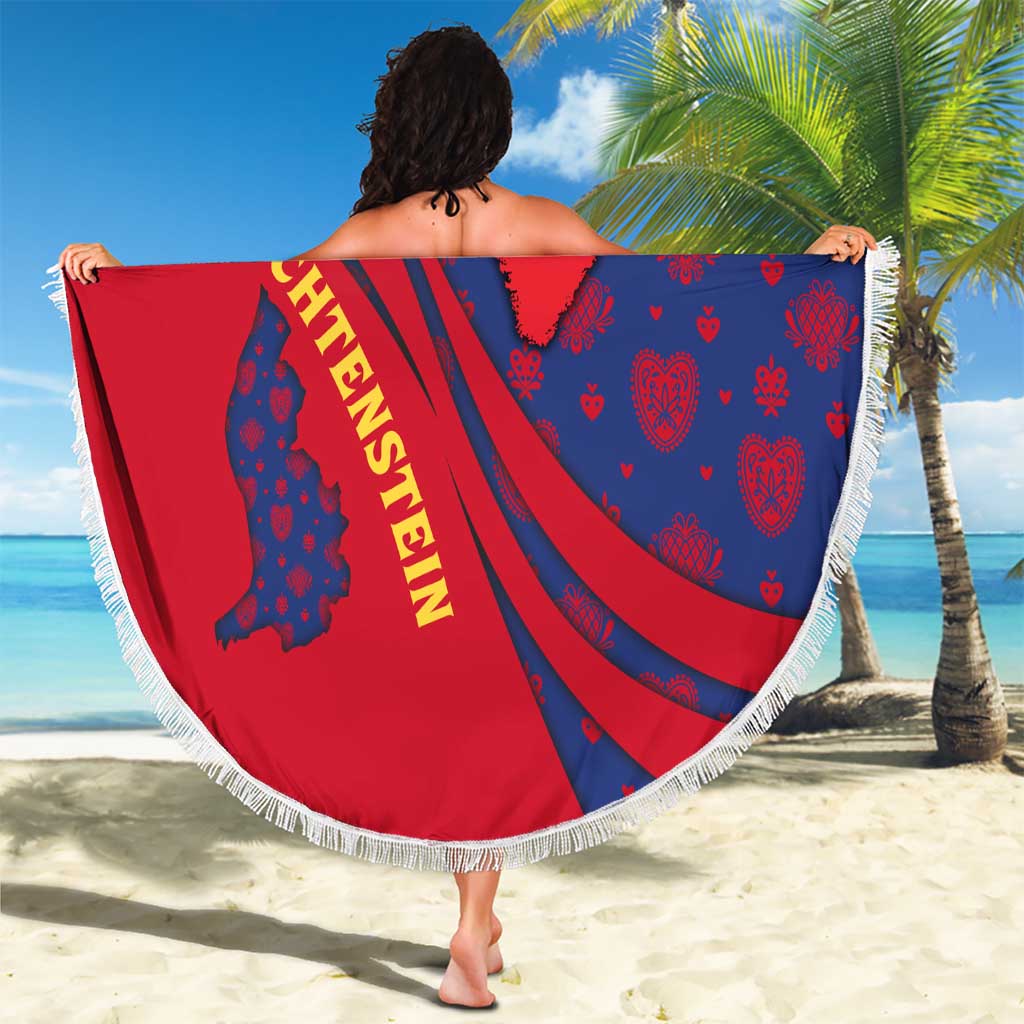 Liechtenstein Beach Blanket with Red Blue Heart Design and Royal Coat of Arms Pattern - Wonder Print Shop