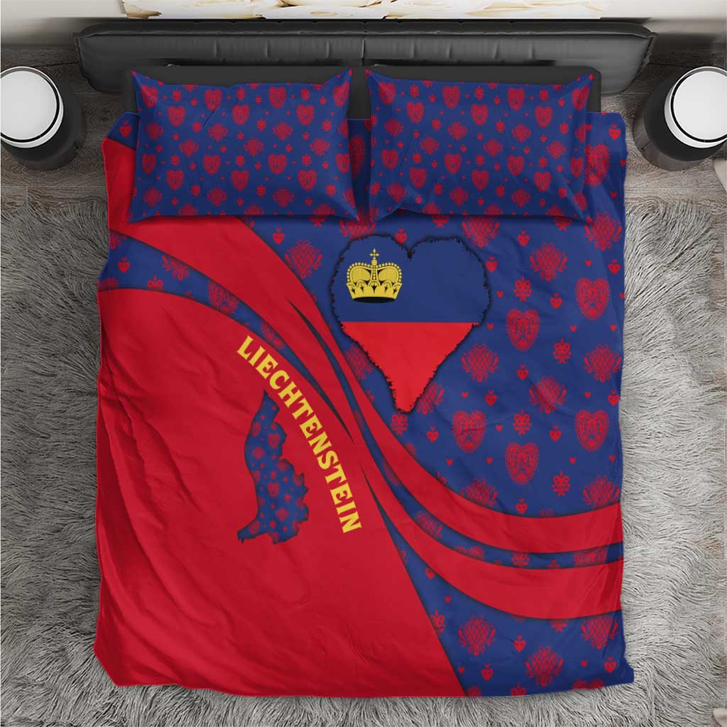 Liechtenstein Bedding Set with Red Blue Heart Design and Royal Coat of Arms Pattern - Wonder Print Shop