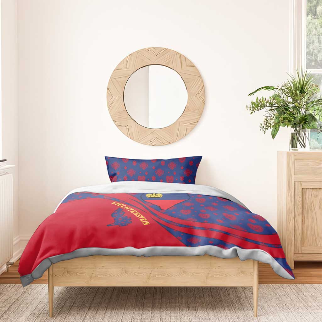Liechtenstein Bedding Set with Red Blue Heart Design and Royal Coat of Arms Pattern - Wonder Print Shop