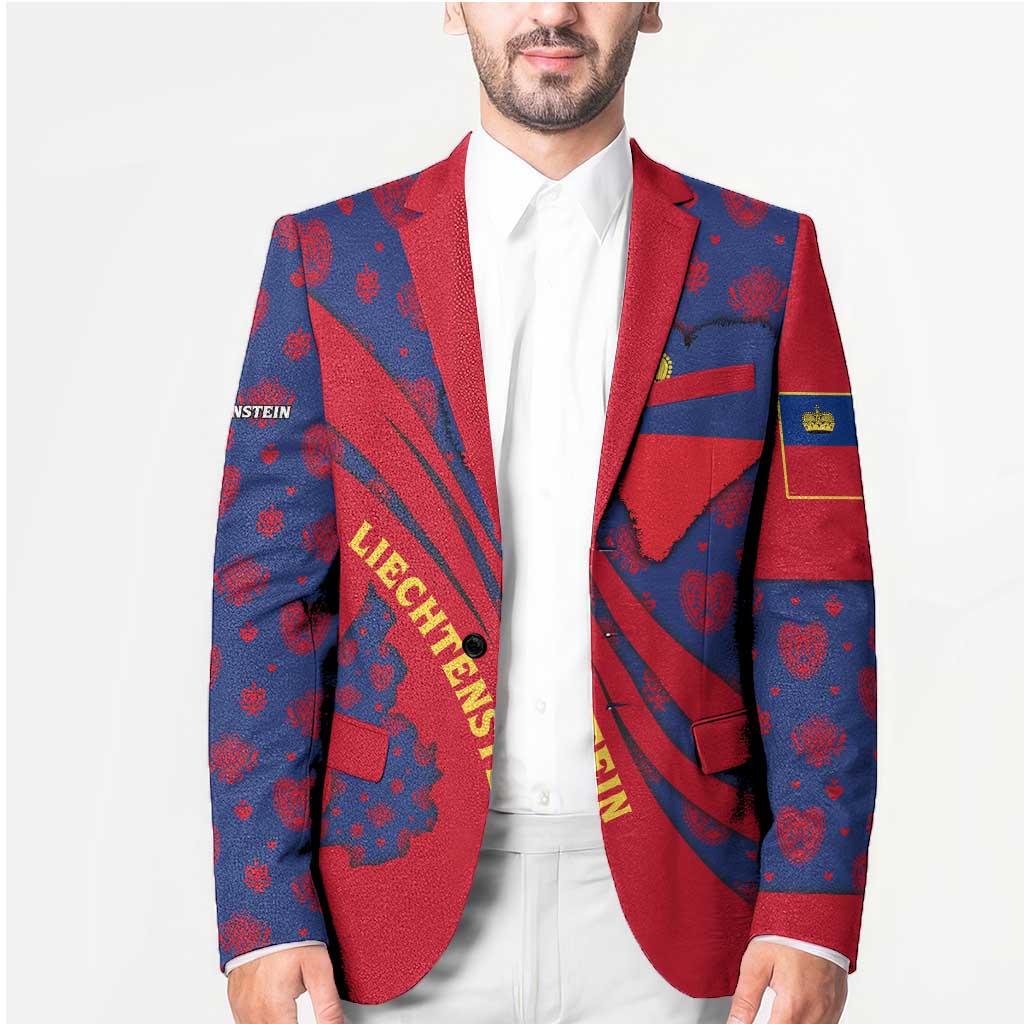 Liechtenstein Blazer with Red Blue Heart Design and Royal Coat of Arms Pattern - Wonder Print Shop