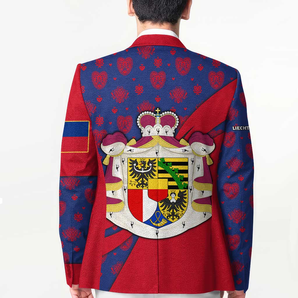 Liechtenstein Blazer with Red Blue Heart Design and Royal Coat of Arms Pattern - Wonder Print Shop