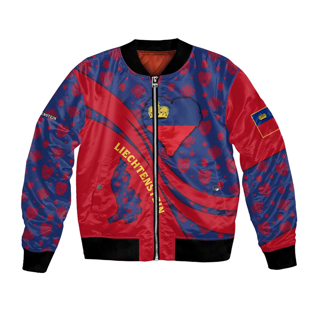 Liechtenstein Bomber Jacket with Red Blue Heart Design and Royal Coat of Arms Pattern - Wonder Print Shop