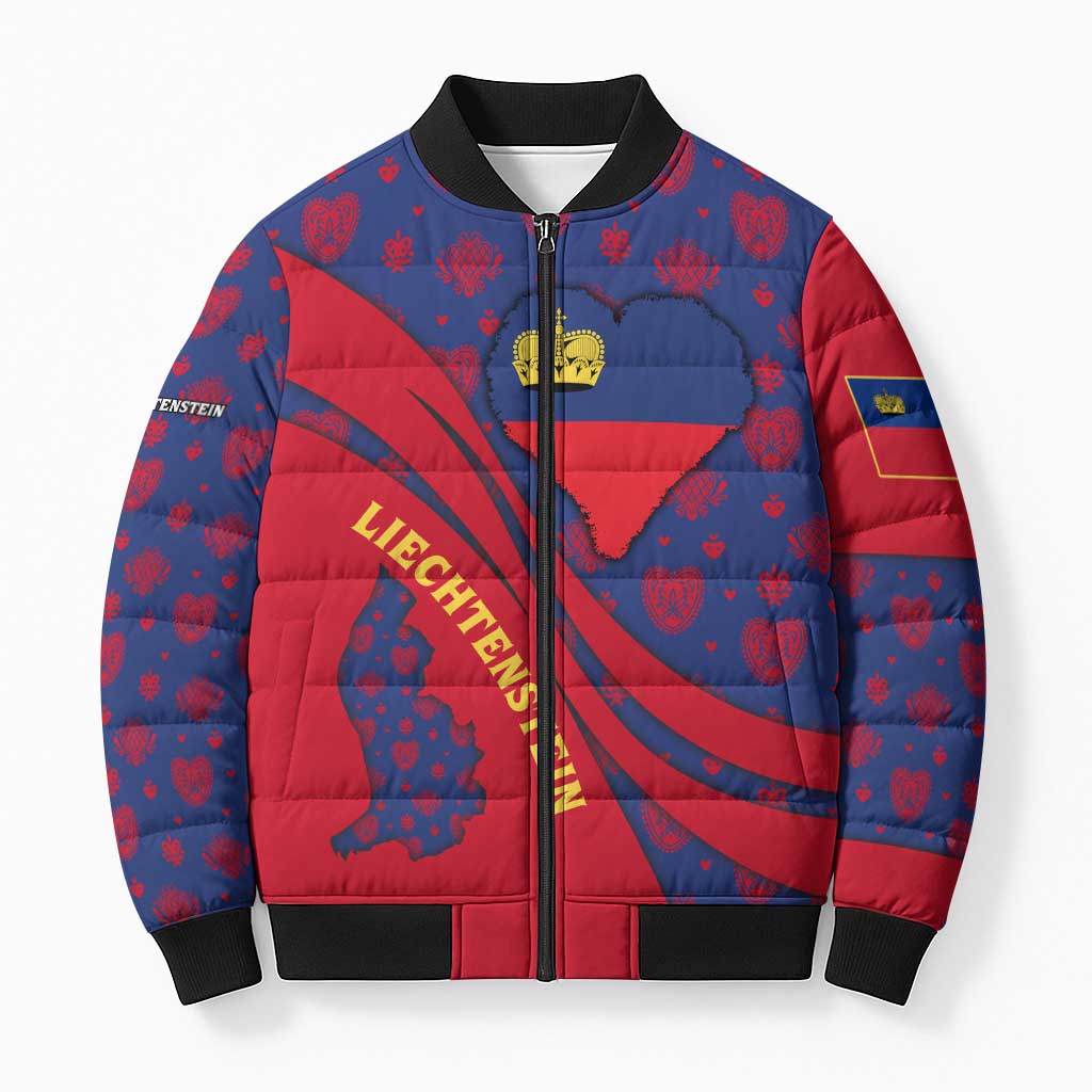 Liechtenstein Bomber Puffer Jacket with Red Blue Heart Design and Royal Coat of Arms Pattern - Wonder Print Shop