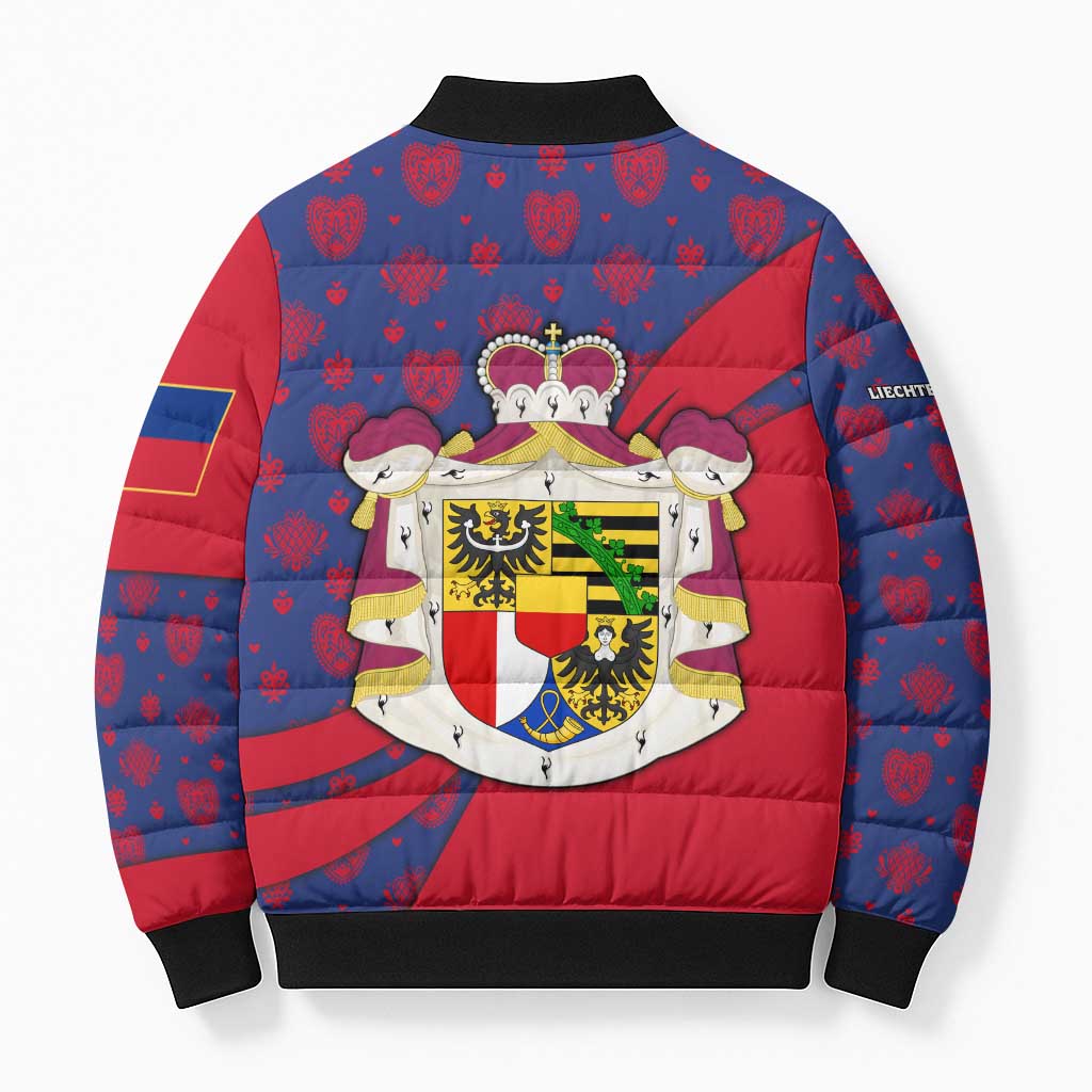 Liechtenstein Bomber Puffer Jacket with Red Blue Heart Design and Royal Coat of Arms Pattern - Wonder Print Shop
