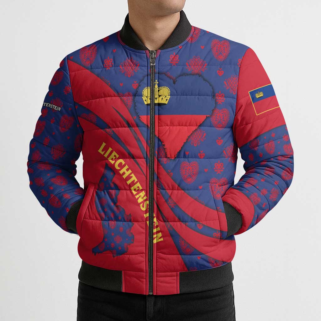 Liechtenstein Bomber Puffer Jacket with Red Blue Heart Design and Royal Coat of Arms Pattern - Wonder Print Shop