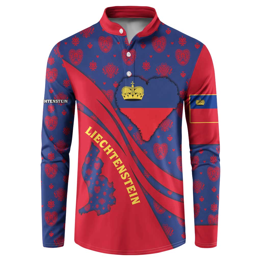 Liechtenstein Button Sweatshirt with Red Blue Heart Design and Royal Coat of Arms Pattern - Wonder Print Shop