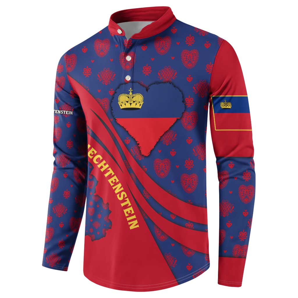 Liechtenstein Button Sweatshirt with Red Blue Heart Design and Royal Coat of Arms Pattern - Wonder Print Shop