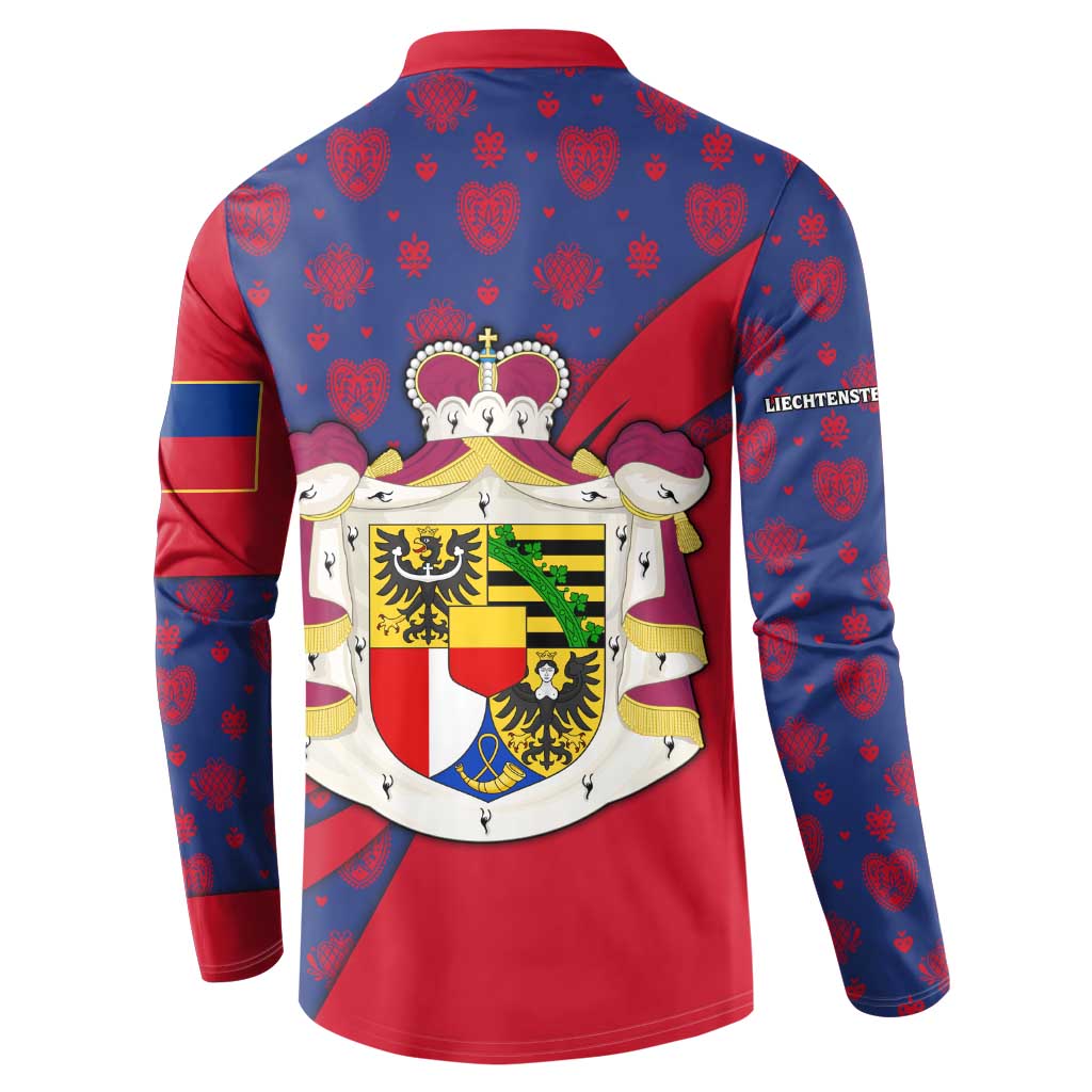 Liechtenstein Button Sweatshirt with Red Blue Heart Design and Royal Coat of Arms Pattern - Wonder Print Shop