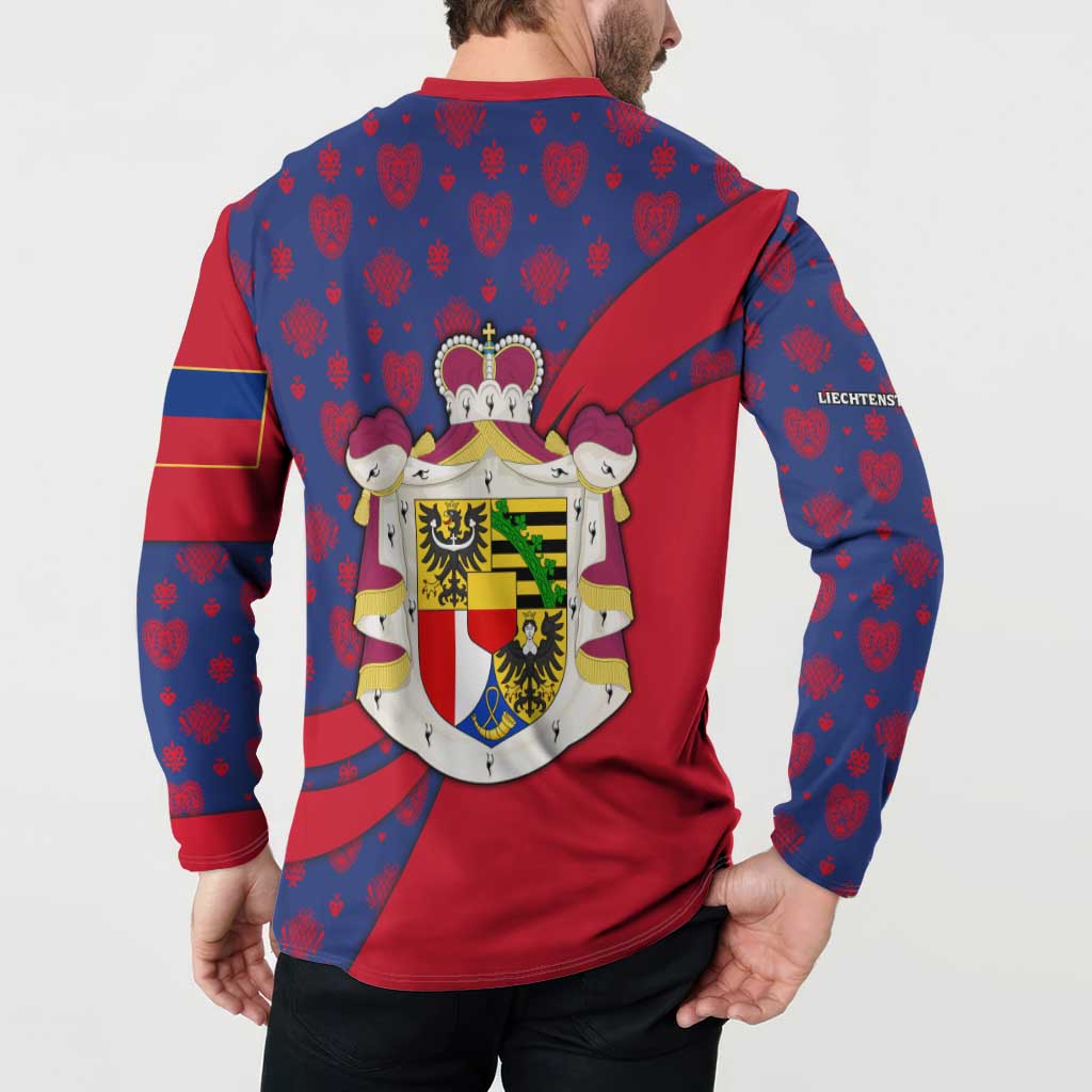 Liechtenstein Button Sweatshirt with Red Blue Heart Design and Royal Coat of Arms Pattern - Wonder Print Shop