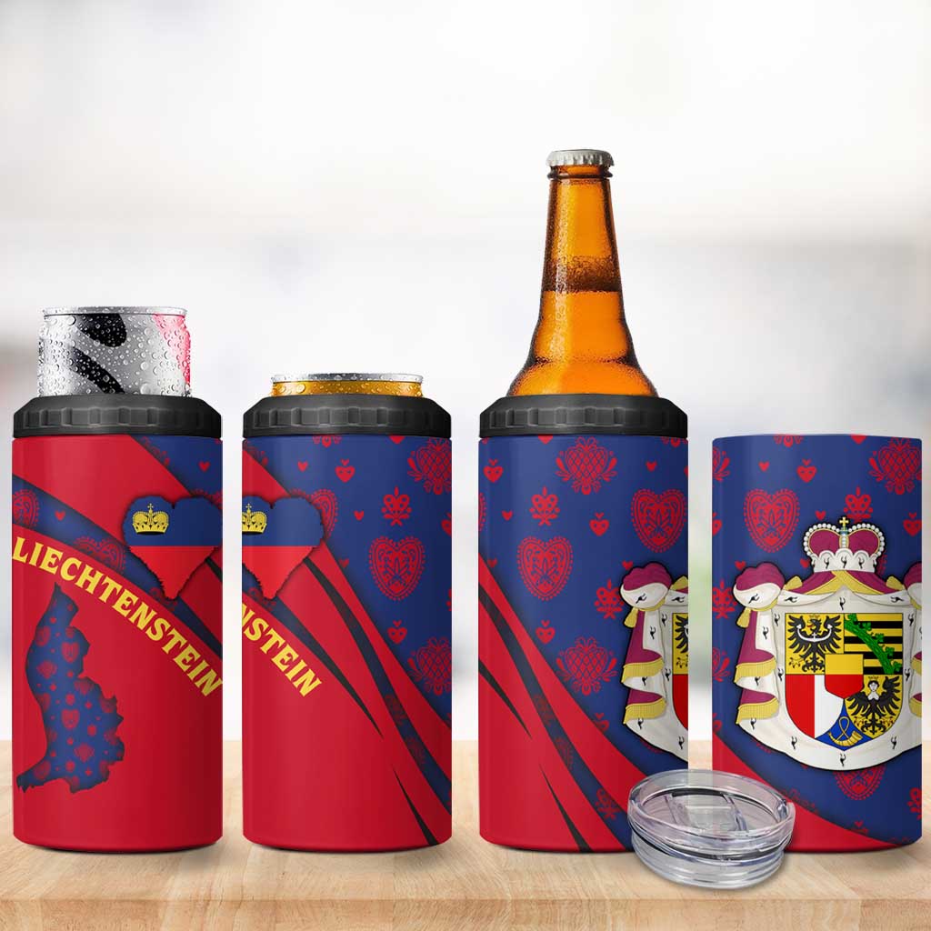 Liechtenstein 4 in 1 Can Cooler Tumbler with Red Blue Heart Design and Royal Coat of Arms Pattern - Wonder Print Shop