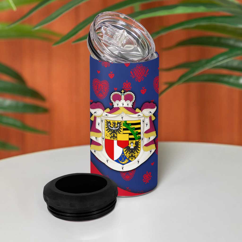 Liechtenstein 4 in 1 Can Cooler Tumbler with Red Blue Heart Design and Royal Coat of Arms Pattern - Wonder Print Shop