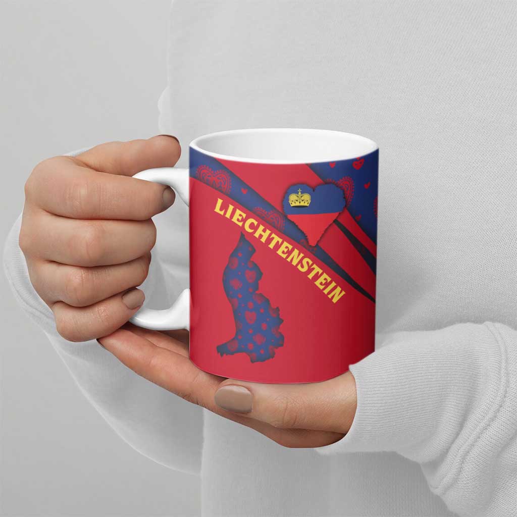 Liechtenstein Ceramic Mug with Red Blue Heart Design and Royal Coat of Arms Pattern - Wonder Print Shop