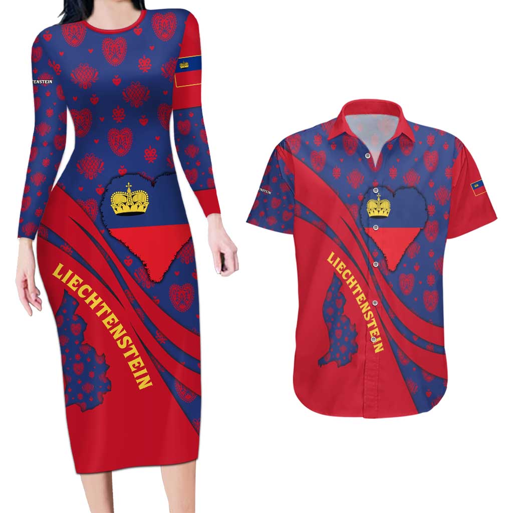 Liechtenstein Couples Matching Long Sleeve Bodycon Dress and Hawaiian Shirt with Red Blue Heart Design and Royal Coat of Arms Pattern - Wonder Print Shop