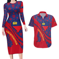 Liechtenstein Couples Matching Long Sleeve Bodycon Dress and Hawaiian Shirt with Red Blue Heart Design and Royal Coat of Arms Pattern - Wonder Print Shop