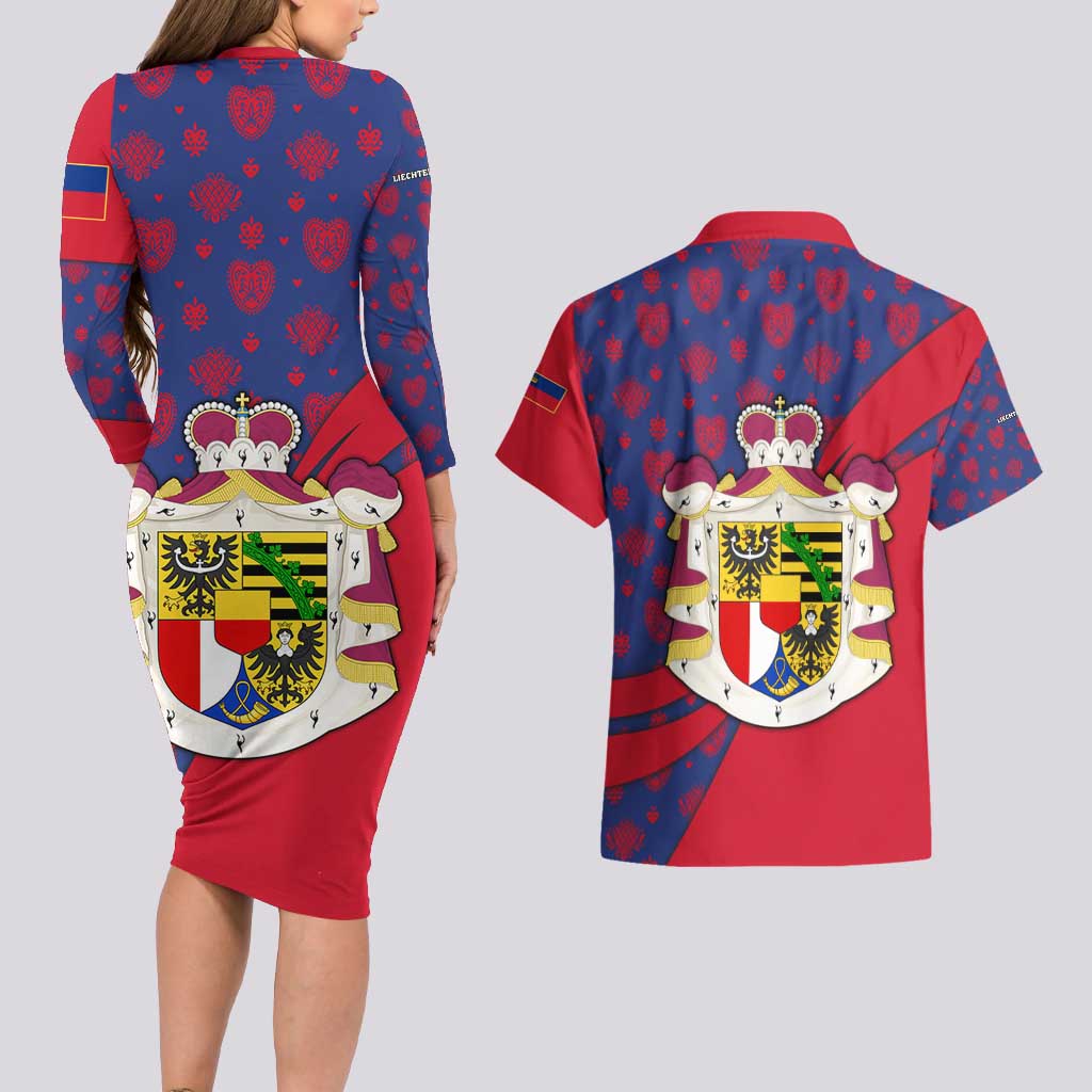 Liechtenstein Couples Matching Long Sleeve Bodycon Dress and Hawaiian Shirt with Red Blue Heart Design and Royal Coat of Arms Pattern - Wonder Print Shop