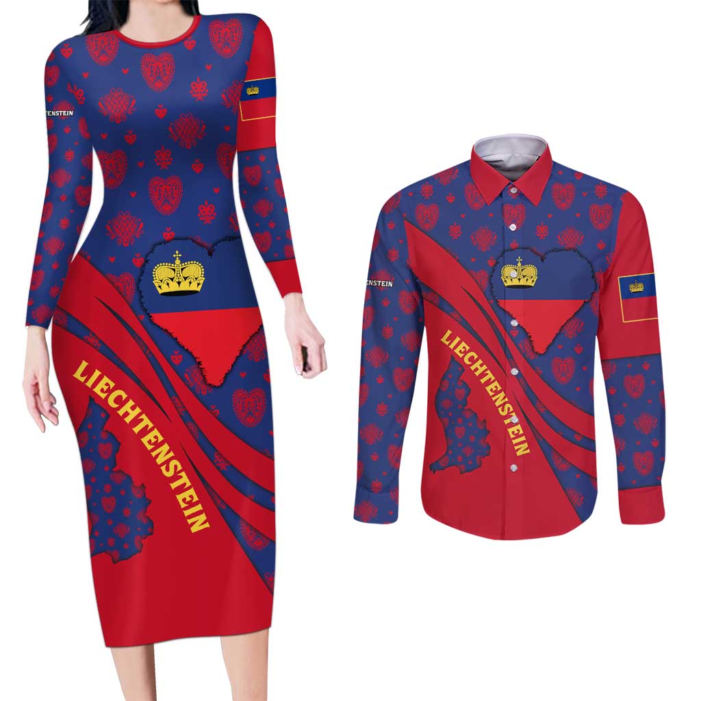 Liechtenstein Couples Matching Long Sleeve Bodycon Dress and Long Sleeve Button Shirt with Red Blue Heart Design and Royal Coat of Arms Pattern - Wonder Print Shop