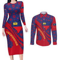 Liechtenstein Couples Matching Long Sleeve Bodycon Dress and Long Sleeve Button Shirt with Red Blue Heart Design and Royal Coat of Arms Pattern - Wonder Print Shop