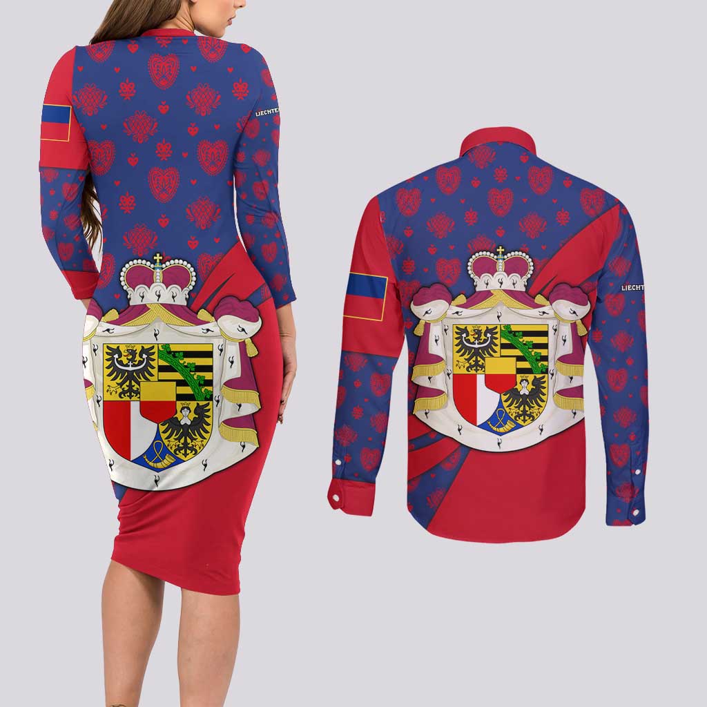 Liechtenstein Couples Matching Long Sleeve Bodycon Dress and Long Sleeve Button Shirt with Red Blue Heart Design and Royal Coat of Arms Pattern - Wonder Print Shop