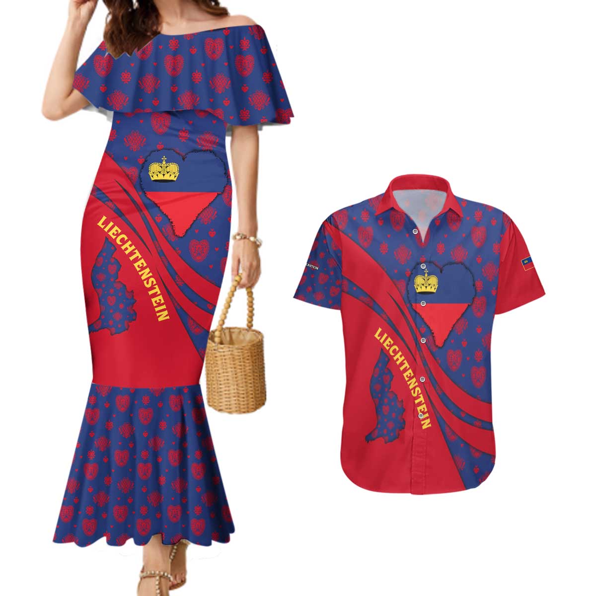 Liechtenstein Couples Matching Mermaid Dress and Hawaiian Shirt with Red Blue Heart Design and Royal Coat of Arms Pattern - Wonder Print Shop