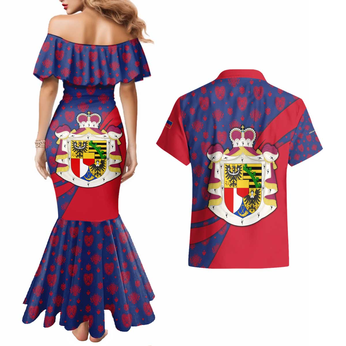 Liechtenstein Couples Matching Mermaid Dress and Hawaiian Shirt with Red Blue Heart Design and Royal Coat of Arms Pattern - Wonder Print Shop