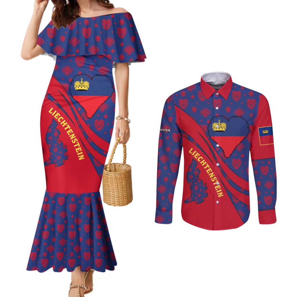 Liechtenstein Couples Matching Mermaid Dress and Long Sleeve Button Shirt with Red Blue Heart Design and Royal Coat of Arms Pattern - Wonder Print Shop