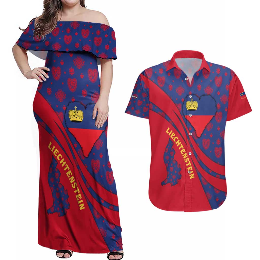 Liechtenstein Couples Matching Off Shoulder Maxi Dress and Hawaiian Shirt with Red Blue Heart Design and Royal Coat of Arms Pattern - Wonder Print Shop