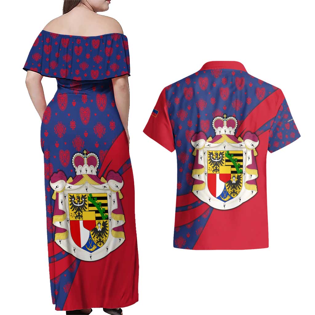 Liechtenstein Couples Matching Off Shoulder Maxi Dress and Hawaiian Shirt with Red Blue Heart Design and Royal Coat of Arms Pattern - Wonder Print Shop