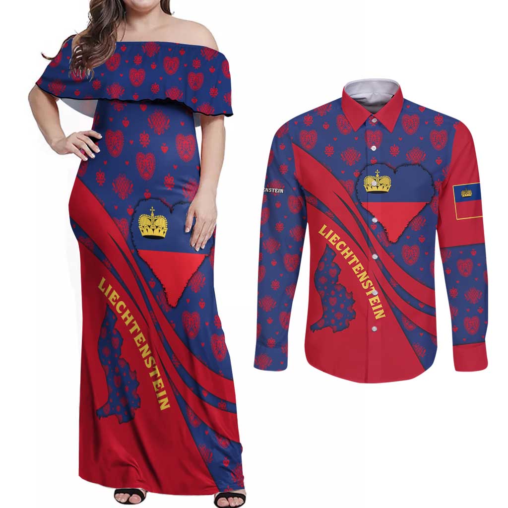 Liechtenstein Couples Matching Off Shoulder Maxi Dress and Long Sleeve Button Shirt with Red Blue Heart Design and Royal Coat of Arms Pattern - Wonder Print Shop